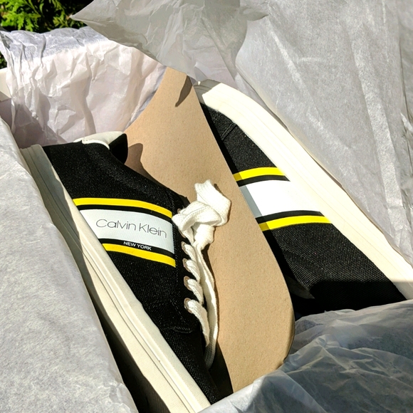 Calvin Klein Women's Black Sneakers with Yellow Stripe - Picture 5 of 8